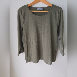 Karen Scott Olive Khaki Cotton 3/4 Long Sleeve Top Shirt T-Shirt Size L